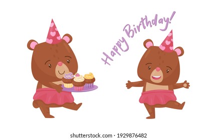 Cute Brown Bear Girl in Birthday Hat Carrying Tray with Cupcakes and Congratulating Vector Set