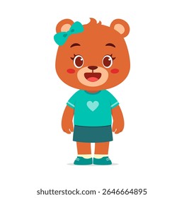 Cute Brown Bear Girl Standing and Smiling with Bow, Shirt, and Skirt in Cartoon Illustration Style