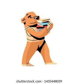 Cute brown bear going to home with stack of books