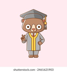 Cute brown bear graduation animal kawaii chibi character mascot illustration outline style design set