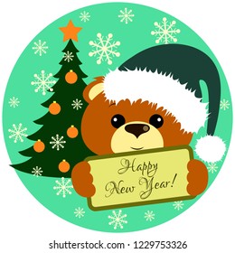 Cute brown bear with green santa cap holding a nameplate with christmas tree and snowflakes on round turquoise background