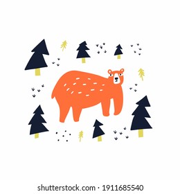 Cute brown bear hand drawn vector illustration. Adorable forest fauna cartoon character. Funny wild animal and fir trees isolated on white background. Childish t shirt print design