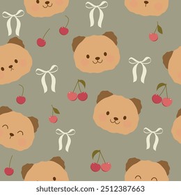 cute brown bear heads with bows and  cherries seamless pattern , vector , illustration