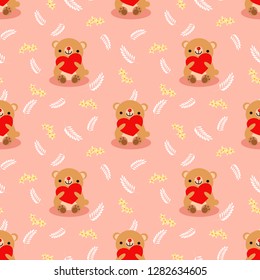 Cute brown bear hold a red heart seamless pattern. Lovely animal in Valentine concept.
