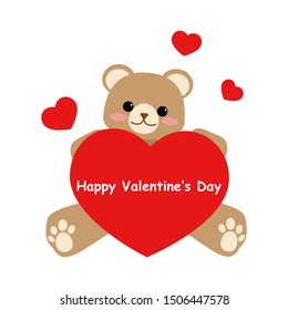 A cute brown bear holding a big red heart with Happy Valentine's Day text on white background with little red hearts. Vector illustration.