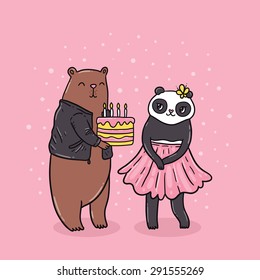 Cute brown bear holding birthday cake and panda girl. Funny holiday illustration. Vector animal image