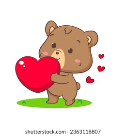 Cute brown bear holding love heart. Kawaii adorable animal and valentines day concept design. Isolated white background. Vector art illustration.