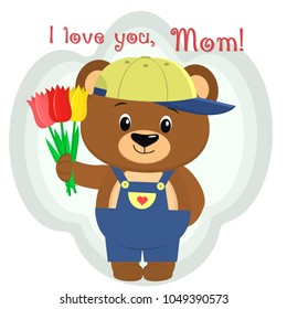 A cute brown bear holds three tulips. Congratulations on your mother's day, in the style of cartoons.