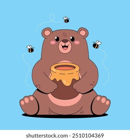 Cute brown bear with honey and bees