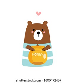 Cute brown bear with honey jar isolated on white background vector illustration.