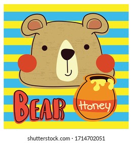 Cute brown bear with honey jar isolated on Striped background vector illustration.