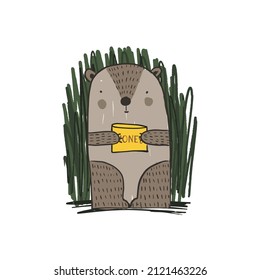 Cute brown bear with honey jar illustration