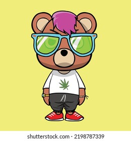 cute brown bear with hypebeast fashion and pink colored hair, nft art, nft bear, cartoon style character