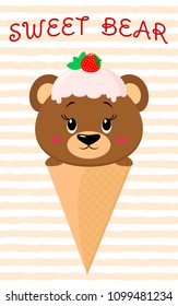 Cute brown bear in the image of ice cream. Sits in a waffle cone on his head glaze and a berry, against a background of stripes in the style of a cartoon. Flat, vector.