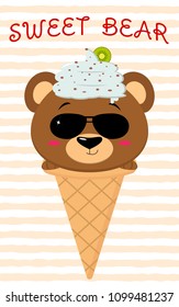 Cute brown bear in the image of ice cream. Sits in a waffle cone on his head glaze and a berry, against a background of stripes in the style of a cartoon. Flat, vector.