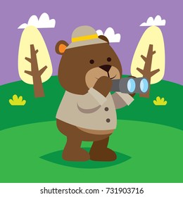 Cute brown bear looking through binoculars in the forest. Cute animal series for kid. Cute and funny animal t shirt design for kid.