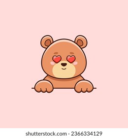 Cute brown bear in love with heart eyes in cartoon style. Vector illustration