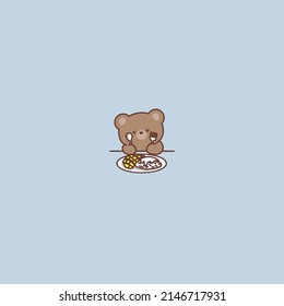 Cute brown bear with mango sticky rice cartoon, vector illustration