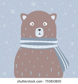 Cute Brown Bear on a cold winter day. Vector Illustration