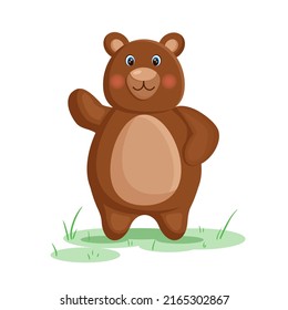 Cute brown bear on the green grass. Vector illustration