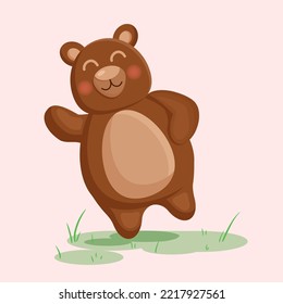 Cute brown bear on the green grass. Vector illustration.