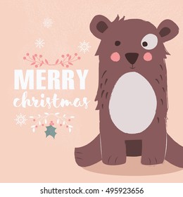 Cute brown bear on pink background and Merry Christmas lettering, vector illustration