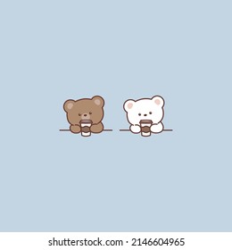 Cute brown bear and polar bear with coffee cub cartoon, vector illustration