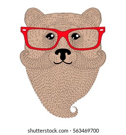 Cute brown bear portrait with french mustache, beard, glasses. Hand drawn wild anthropomorphic grizzly face, vector illustration for t-shirt print, kids greeting card, invitation for gentleman party