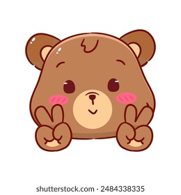 Cute Brown Bear Poses Peace Hand Sign Gesture Cartoon Character. Adorable and Kawaii Animal Icon Mascot Concept Design. Logo Vector Illustration. Isolated White Background.