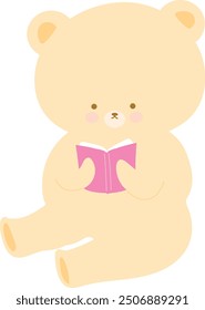 cute brown bear reading pink book