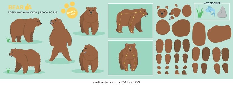 Cute brown bear ready for animation rigging , multiple poses, collection multiple angles including accessories, cartoon teddy bear character vector pack.