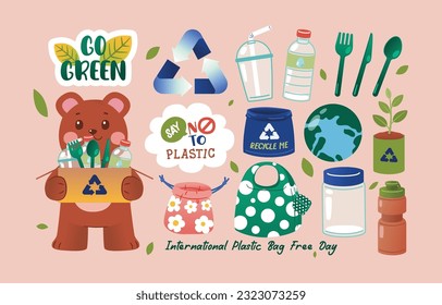 Cute Brown Bear With Recycle Box And Eco Element and Single Use Plastic, Vector, Illustration