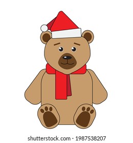 Frisch brauner Bär in einer roten Weihnachtsmütze und Schal. Einzeln auf weißem Hintergrund