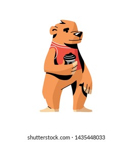 Cute brown bear in red vest with hot coffee cup