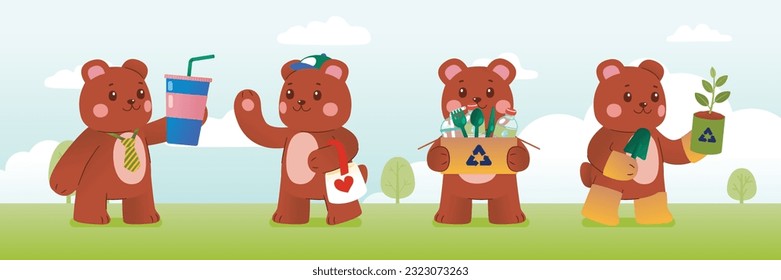 Cute Brown Bear With Reusable Bag And Tumbler, Recycle Box And Plant Tree In Good Environment, Vector, Illustration