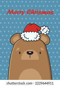 Oso marrón lindo con sombrero de Papá Noel. Tarjeta de navidad vectorial. Ilustración del vector