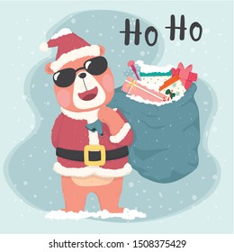 cute brown bear Santa wear sun glasses and hold sack bag of gifts, merry Christmas card and banner, flat vector