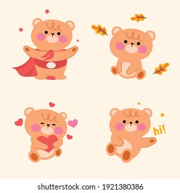 Cute brown bear set. Funny cartoon teddy bears in love. Vector sticker
