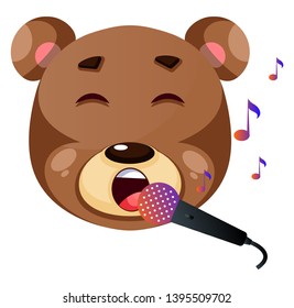 Cute brown bear singing karaoke, illustration, vector on white background.