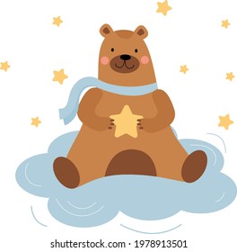 Cute brown bear is siting on the cloud with a star in his paws. Decoration for children room, card, poster. Vector illustration, flat cartoon style.  
