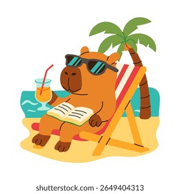 A cute brown bear is sitting in a beach chair with a book and a glass of orange juice