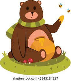 Cute Brown Bear Sitting and Eating Sweet Honey Illustration Cartoon Vector