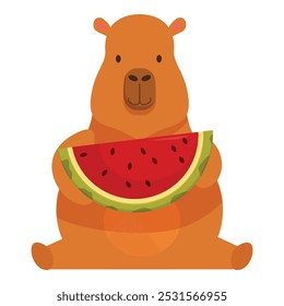 Cute brown bear sitting and holding a slice of watermelon, a refreshing summer treat