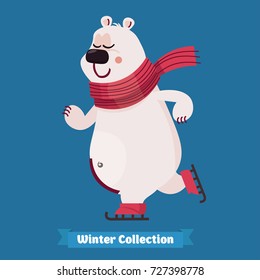 Cute brown bear skating. Winter postcard. Christmas and New year vector design