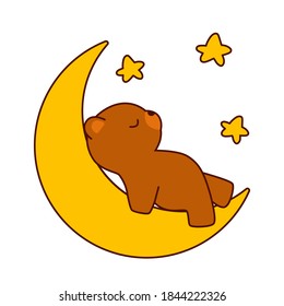 Oso marrón lindo durmiendo en la luna aislado en fondo blanco. Diseño plano para afiches o camisetas. Ilustración del vector
