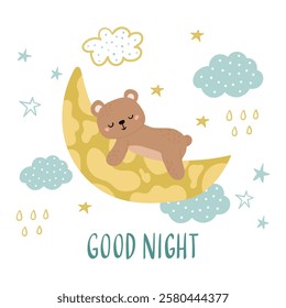 A cute brown bear sleeping on a yellow crescent moon