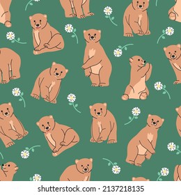 CUTE BROWN BEAR IN SOME DIFFERENT MOVES IN GREEN BACKGROUND AND FLOWERS FLAT SEAMLESS PATTERN DESIGN.