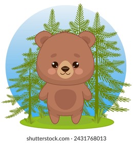 A cute brown bear stands in a spruce forest. Kawaii style bear. Kawaii style. Vector illustration of drawings, prints and patterns. Isolated illustration for children on a white background.