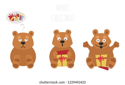 Cute brown bear sticker set. Elements for christmas holiday greeting card, poster design. Vector illustration
