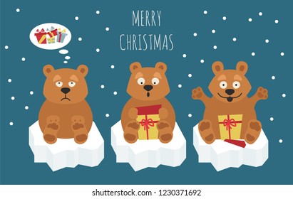 Cute brown bear sticker set. Elements for christmas holiday greeting card, poster design. Vector illustration